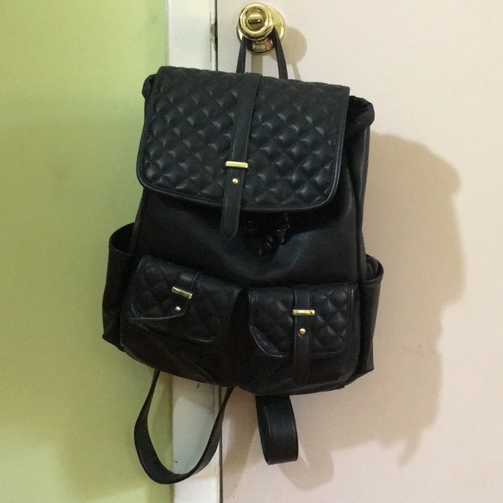 Black faux leather backpack